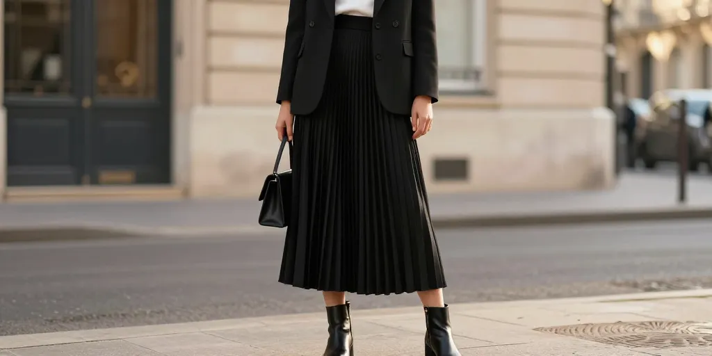 look jupe longue plissee noire